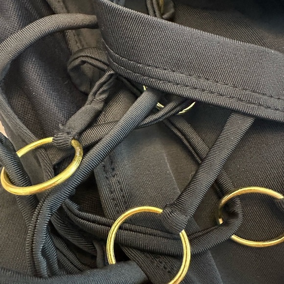 Strappy Black Halter High Thigh Bikini Set Gold Rings Womens Large - Picture 4 of 5